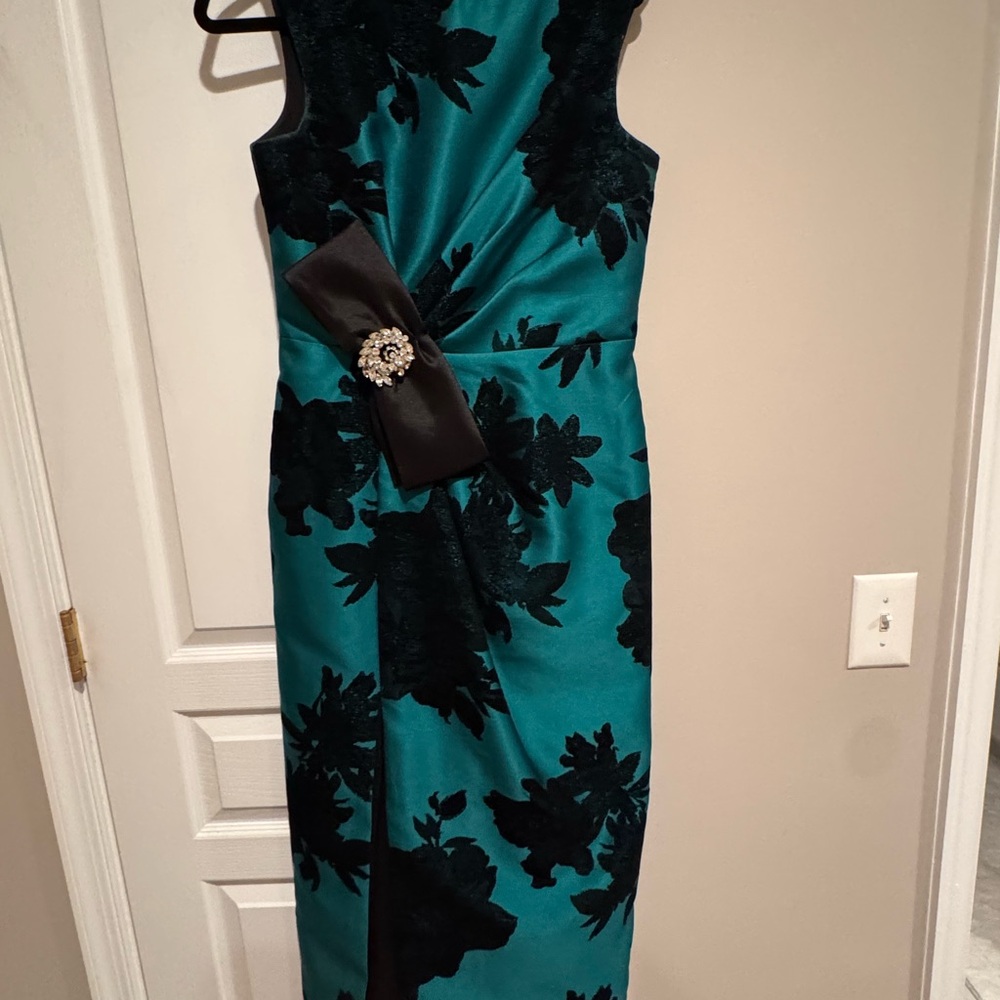 Kay Unger Teal and Black Floral Maxi Dress - column gown with front slit